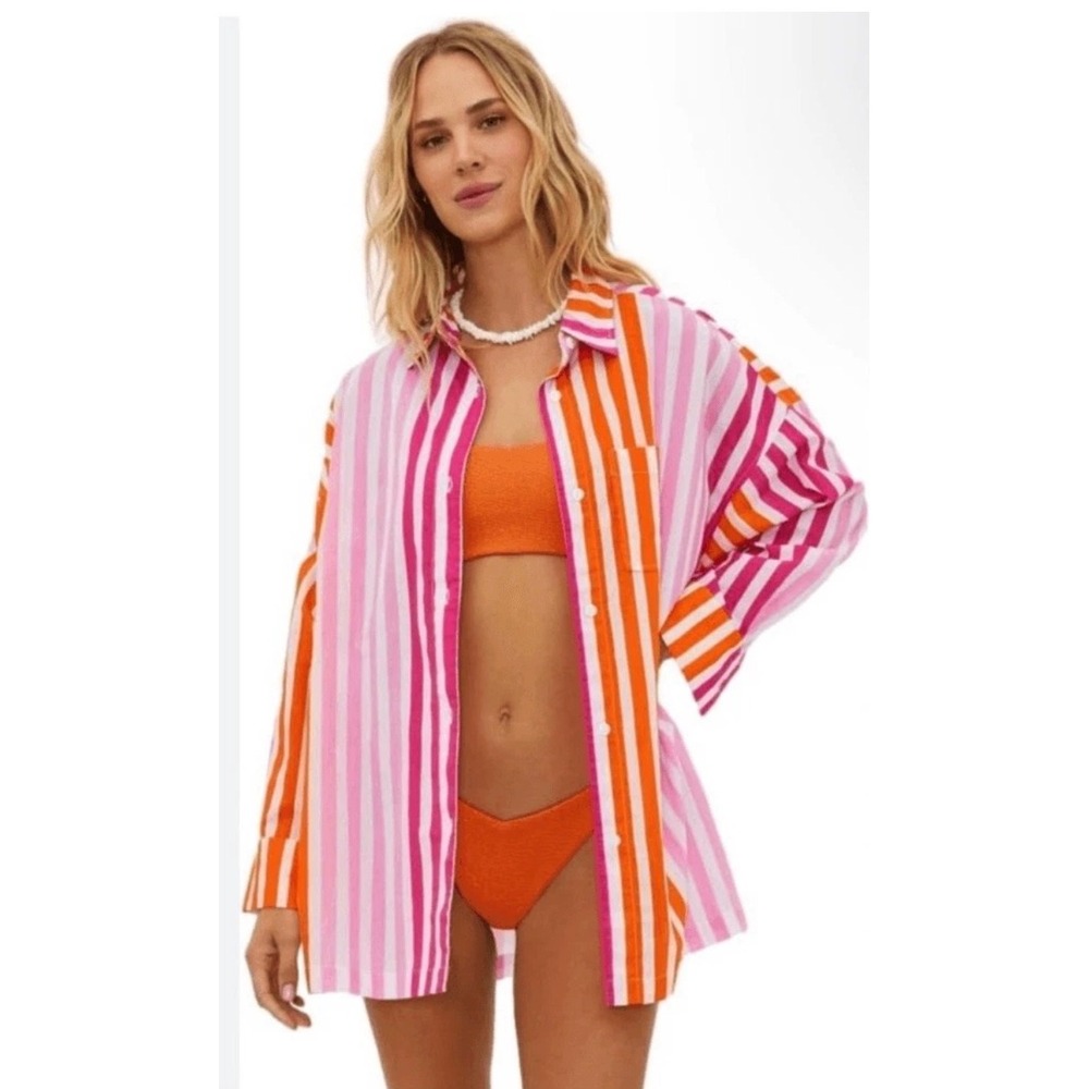 Beach Riot Alexa Striped Button Down Shirt Coverup Size L/XLPink Orange